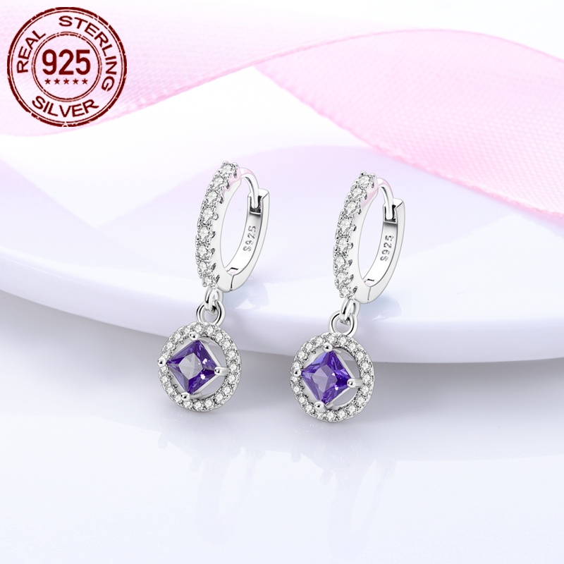 Women's 925 Silver Purple Princess Square Earrings with Zirconia